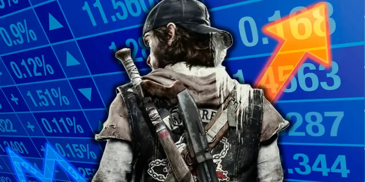 Análisis de Days Gone: un personaje con armas sobre un gráfico bursátil ascendente.