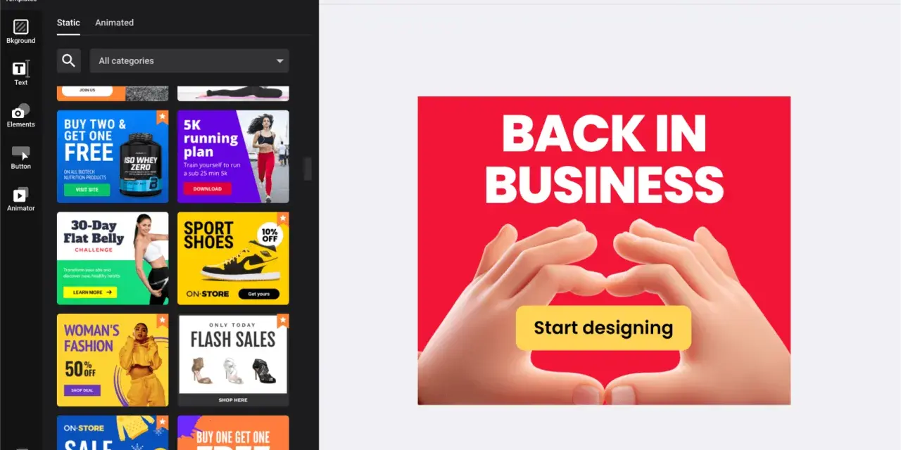 Tworzenie banera HTML z szablonami: "BACK IN BUSINESS" i "Start designing".