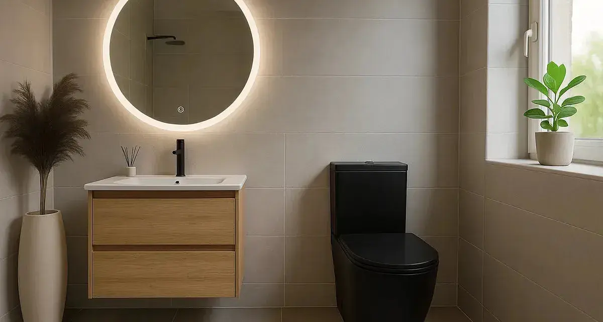 Salle de bain moderne avec un meuble vasque en bois, un miroir rond lumineux et un WC noir. La dimension wc est bien pensée pour un espace fonctionnel.
