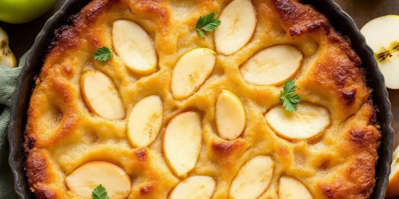 Un délicieux clafoutis aux poires, doré et garni de fines tranches de fruits, prêt à être dégusté.