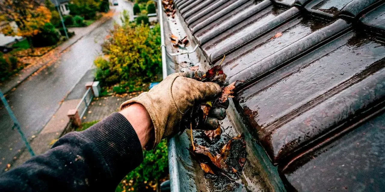Herbstlaub wird aus einer verstopften Dachrinne entfernt. Die Dachrinne reinigen ist wichtig, um Wasserschäden zu vermeiden.