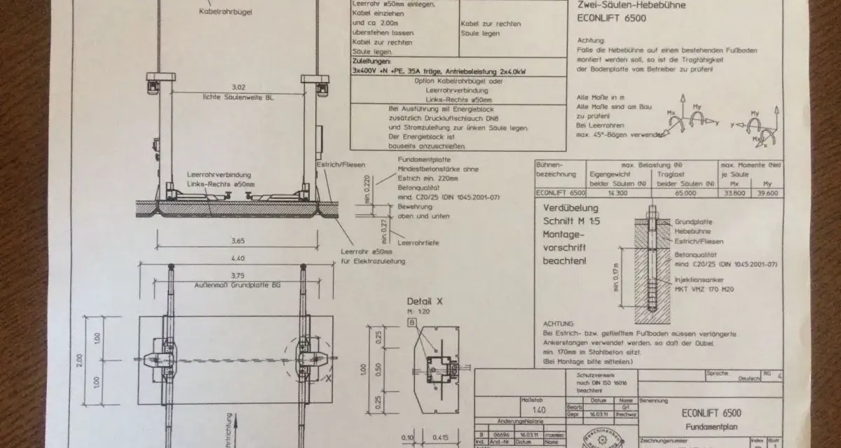 Plan fundamentu pod podnośnik dwukolumnowy ECONLIFT 6500, z wymiarami i detalami montażu.