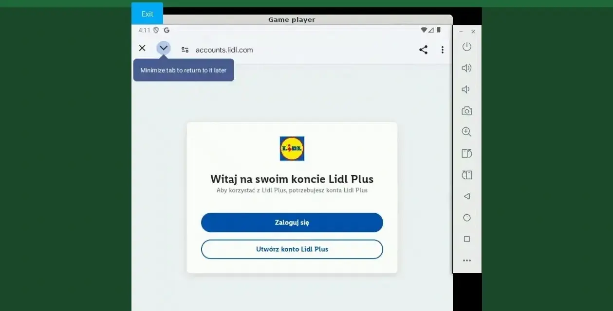 Ekran logowania do aplikacji Lidl Plus. Możesz się zalogować lub utworzyć nowe konto.