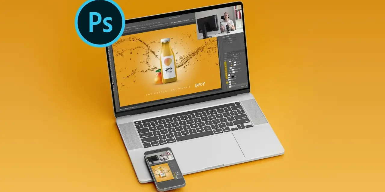 Nauka Photoshopa: tworzenie reklamy napoju na laptopie i telefonie.