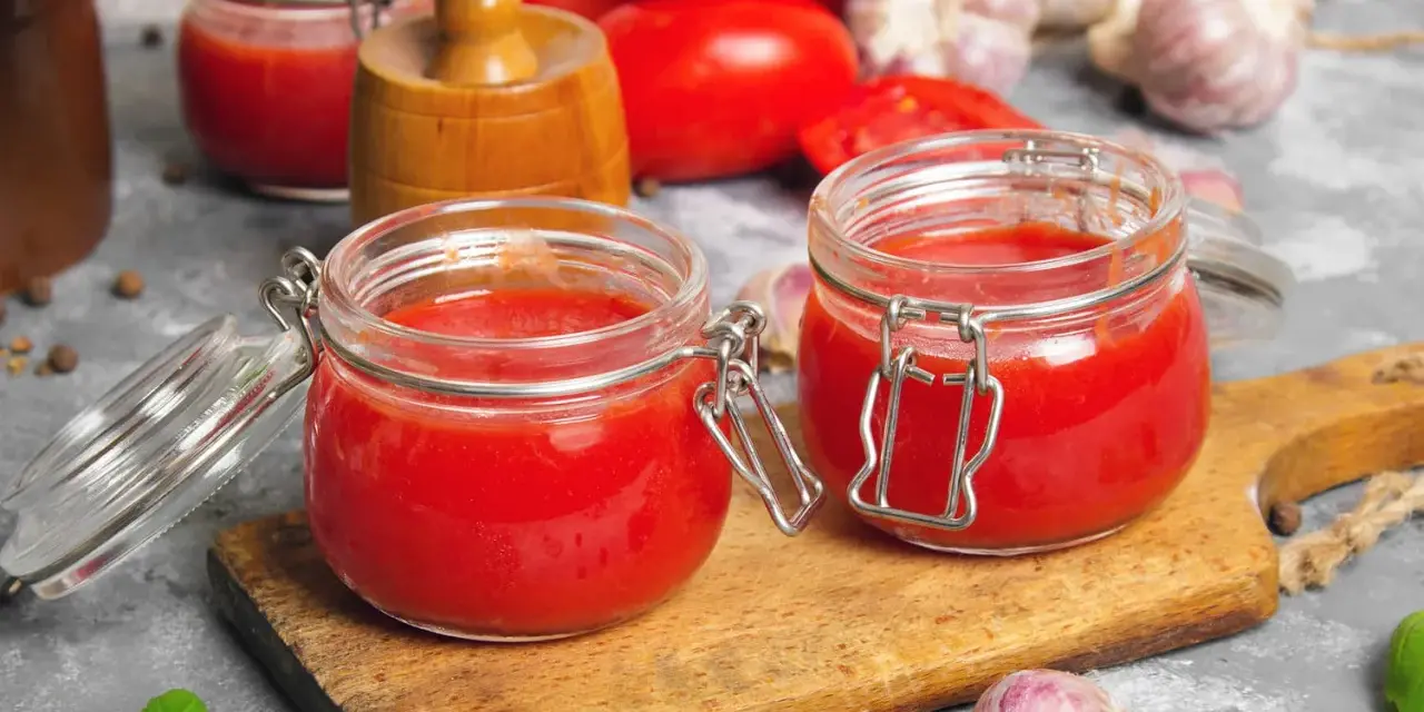 Deux bocaux en verre remplis de coulis de tomates, sur une planche en bois. Des tomates, de l'ail et du basilic complètent la scène.