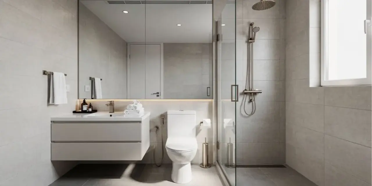 Salle de bain moderne avec une toilette suspendue, un lavabo flottant, une douche vitrée et un grand miroir.
