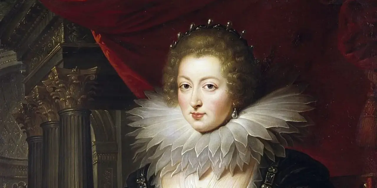 Retrato de Ana de Austria (reina de España), con su característica gorguera y corona.