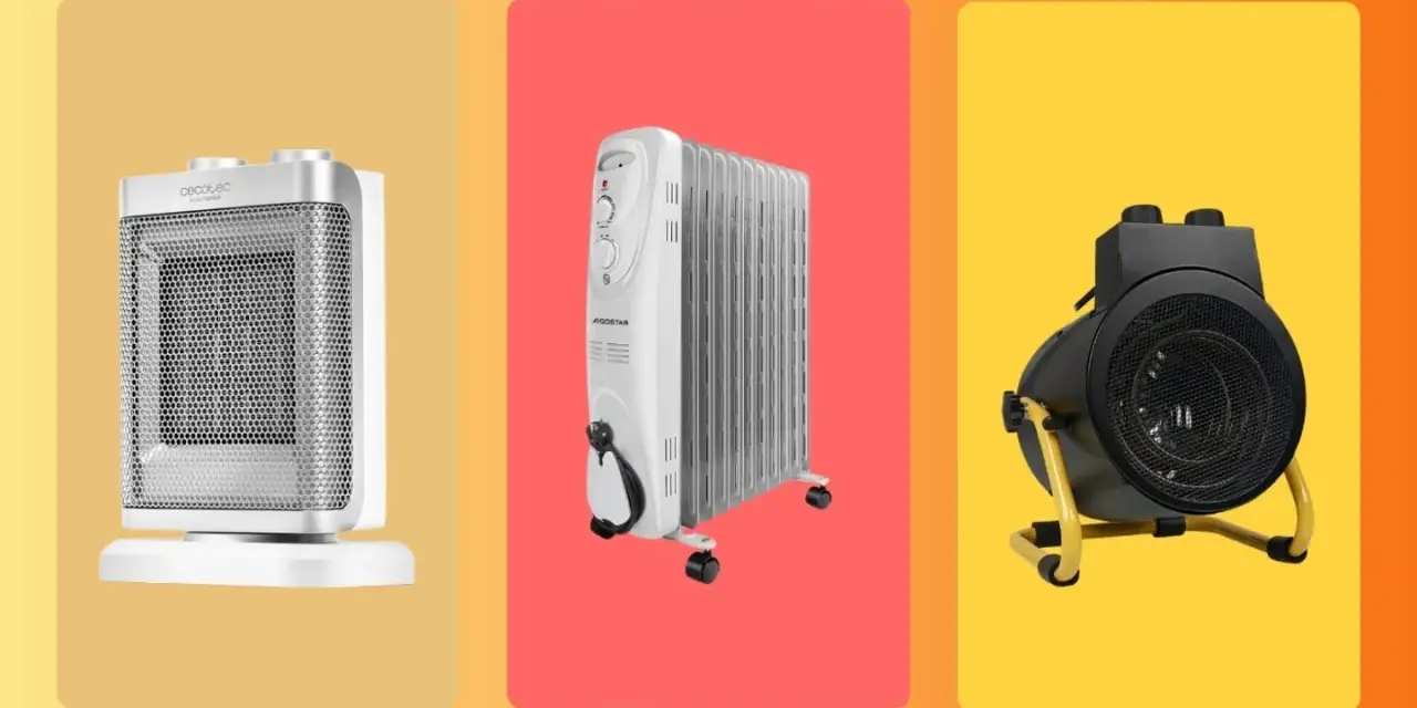 Tres modelos de calefactor: uno blanco vertical, un radiador de aceite y uno negro tipo ventilador.