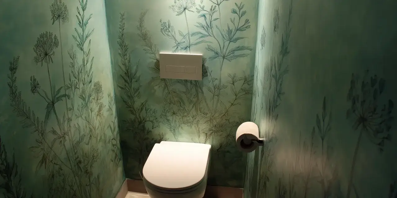 Toilettes modernes dans une pièce aux murs recouverts d'un papier peint botanique bleu-vert. La **couleur toilette** est blanche, contrastant avec le décor.