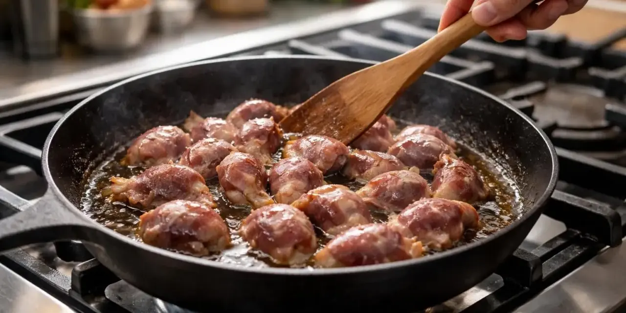 Gésiers de poulet enrobés de lard, poêlés dans une cocotte en fonte. Une délicieuse recette pour un plat savoureux.