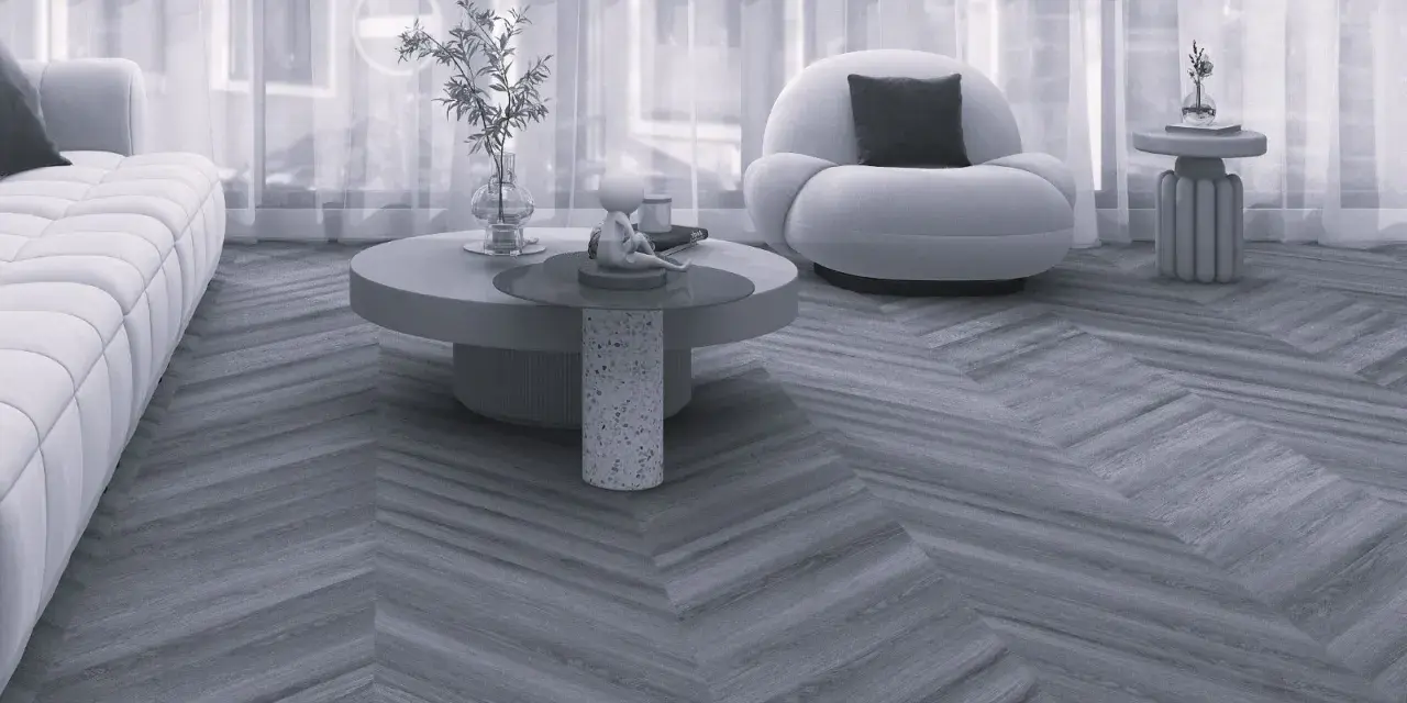 Nowe panele winylowe w jodełkę tworzą stylową bazę dla nowoczesnego salonu.