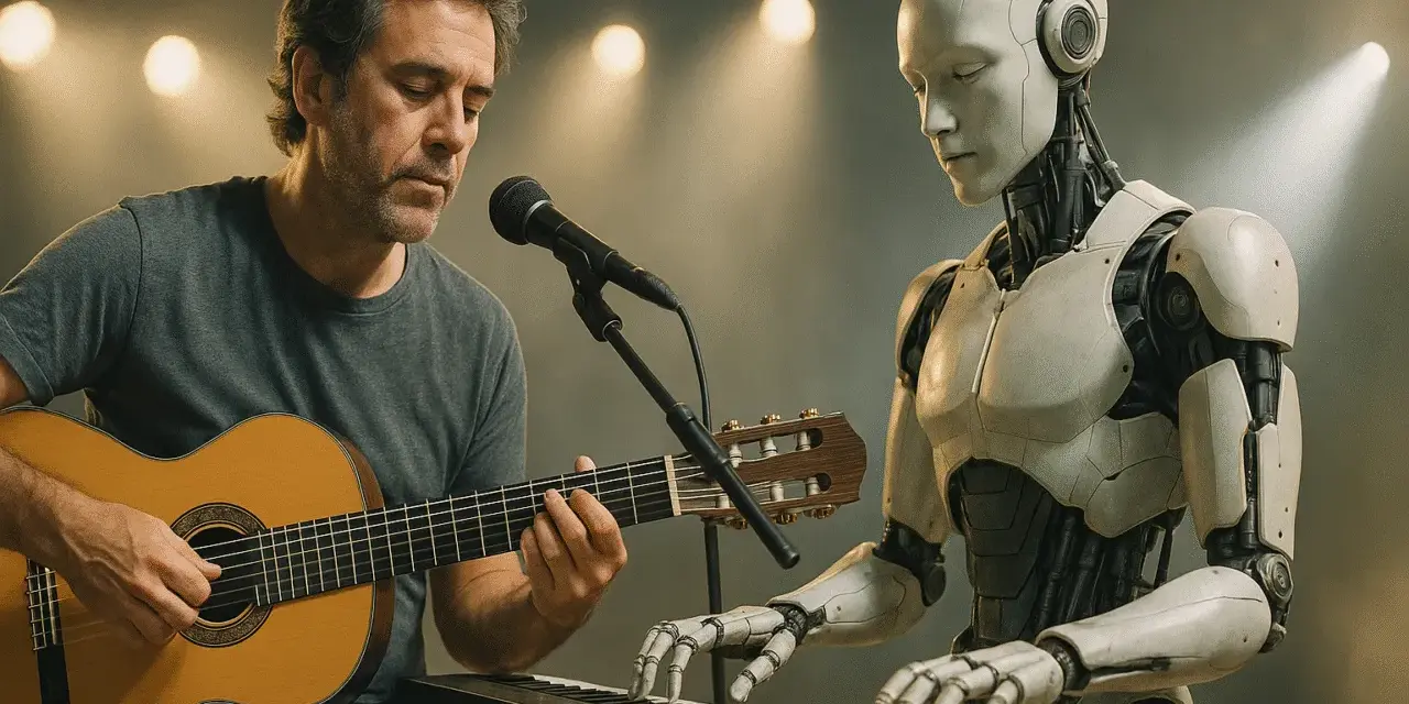 Człowiek gra na gitarze, a robot na keyboardzie. Wspólne tworzenie muzyki AI.