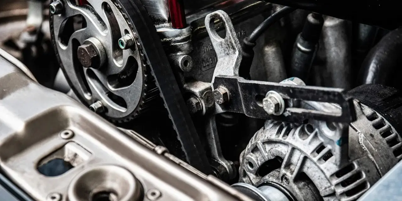 Close-up of a car engine showing a toothed drive belt wrapped around a pulley and connected to an alternator.