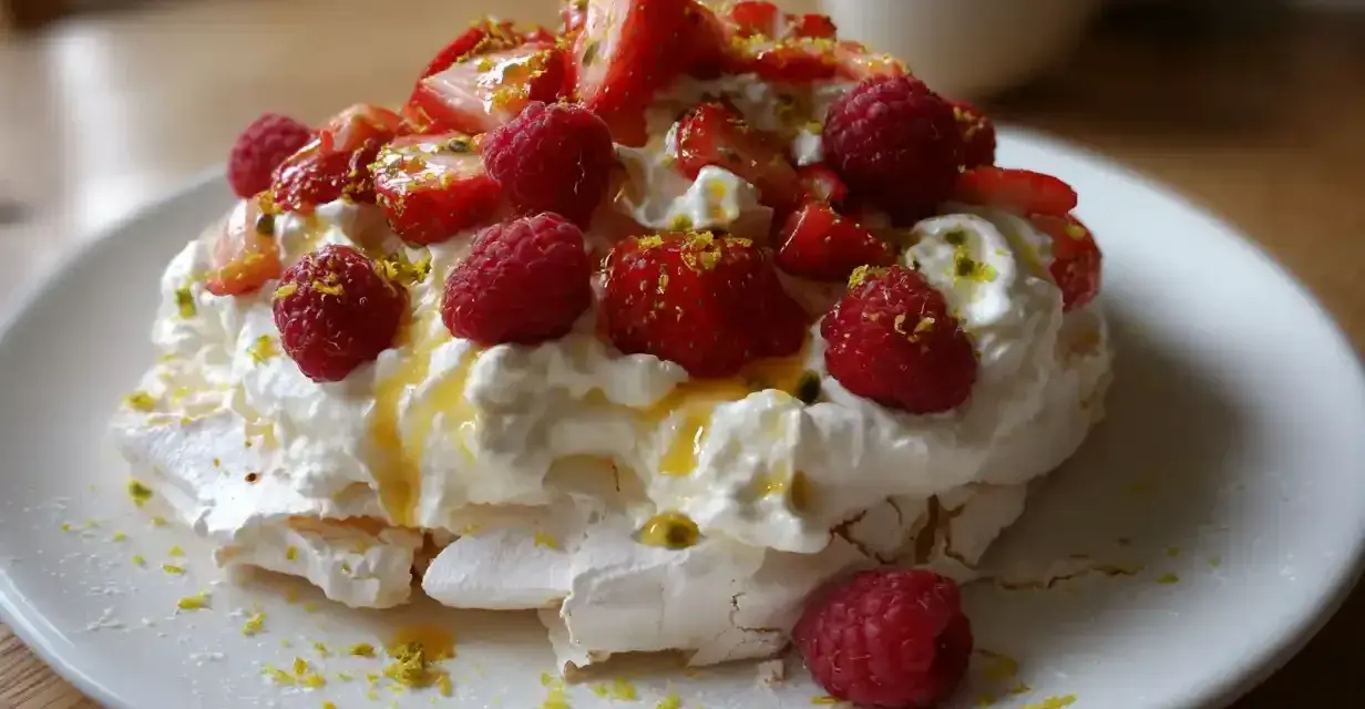 En vacker pavlova med vispgrädde, färska jordgubbar, hallon och passionsfrukt. Ett perfekt pavlova recept för sommaren!