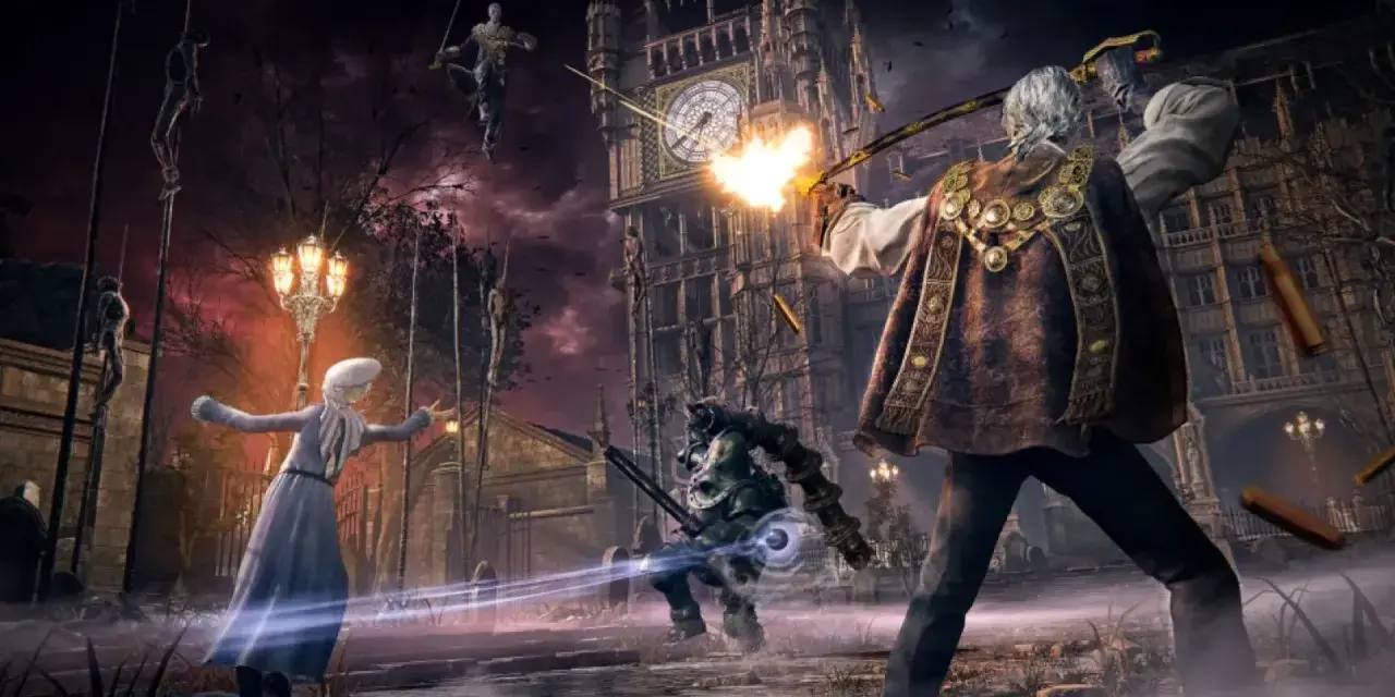 Un cazador dispara contra un monstruo frente a un reloj icónico, mientras otros luchan en un mundo oscuro. ¿Será esta la aventura de Bloodborne 2?