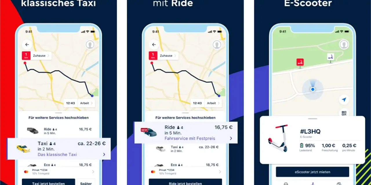 Vergleiche: klassisches Taxi free now vs. Uber-ähnliche Fahrt mit Ride oder E-Scooter.