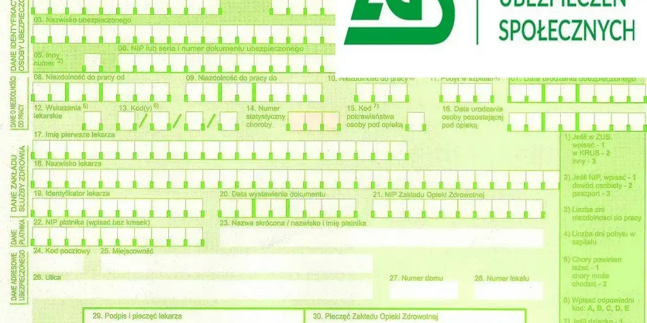 Formularz ZUS ZLA, na którym wpisuje się dane o niezdolności do pracy, np. ile można być na L4.