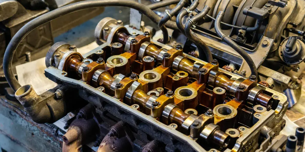 Close-up of an engine's camshafts, showing the intricate metalwork involved in camshaft repair. The golden-brown oil coating suggests recent maintenance.