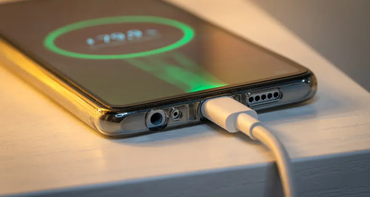 Smartfon podłączony do ładowarki, na ekranie widać wskaźnik baterii. Tak wygląda ładowanie telefonu.