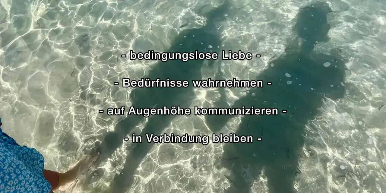 Schatten von zwei Menschen im klaren Wasser, die bedingungslos lieben, Bedürfnisse wahrnehmen, auf Augenhöhe kommunizieren und in Verbindung bleiben.