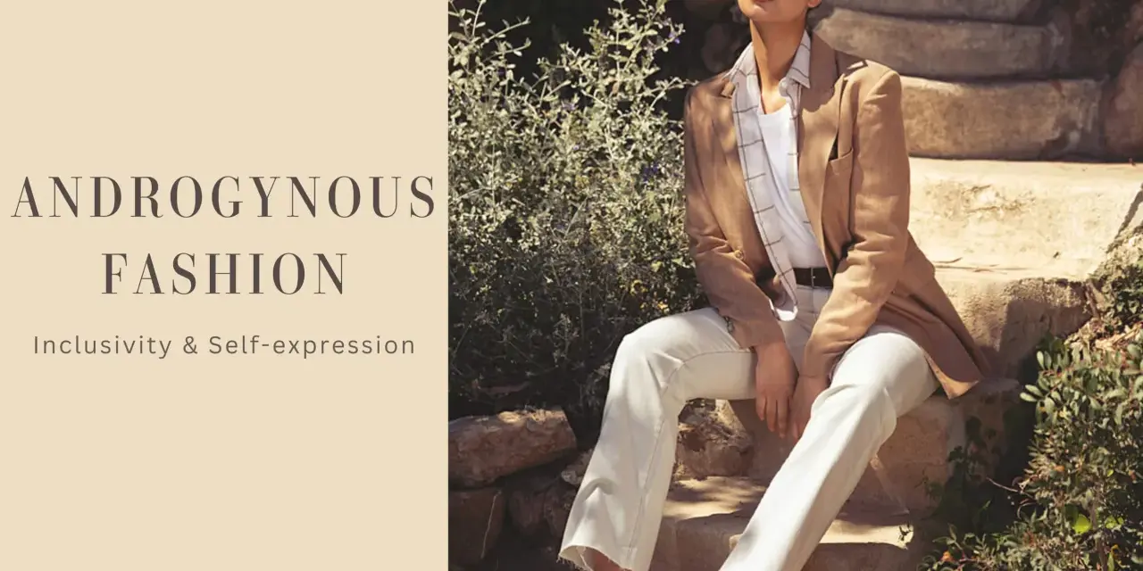 Una persona con belleza andrógina luce un traje de lino beige, pantalones blancos y zapatillas, sentada en escalones de piedra.