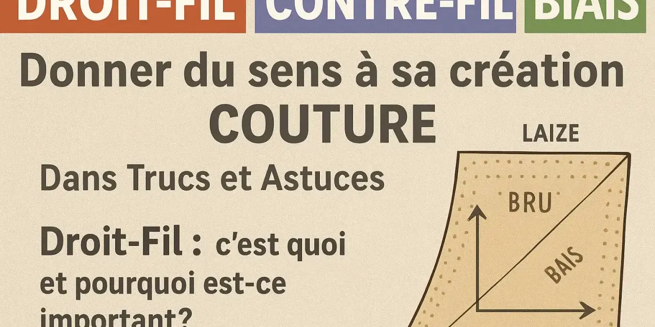 Illustration expliquant le sens du tissu pour la coupe en couture : droit-fil, contrefil, biais. Comprendre le droit-fil est essentiel.