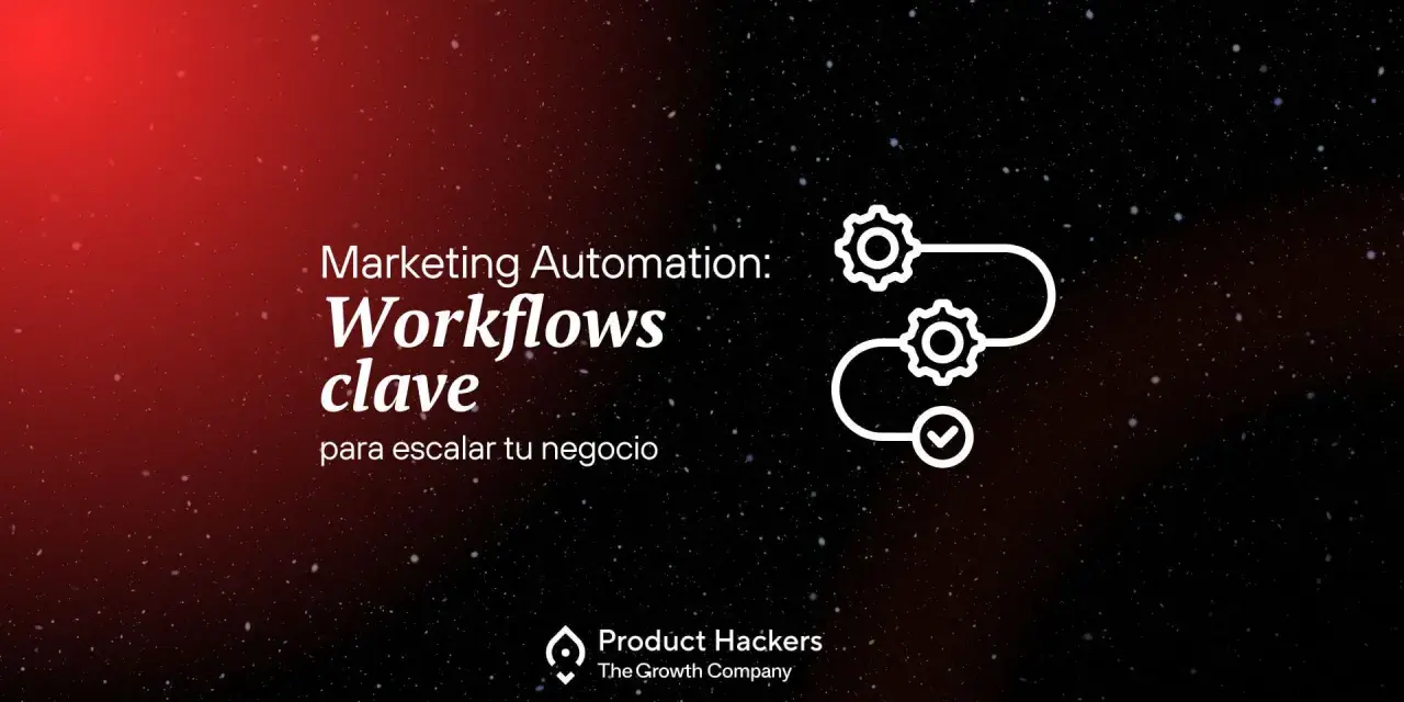 Marketing Automation: Workflows clave para escalar tu negocio. Icono de engranajes y checkmark.