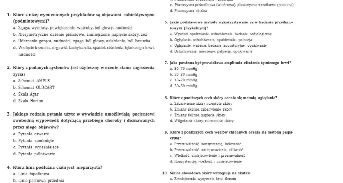 Testy do badań fizykalnych w pielęgniarstwie: pytania o objawy, metody oceny, ciśnienie krwi, stan skóry i węzłów chłonnych.