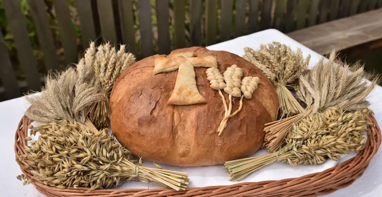 Chleb dożynkowy ozdobiony krzyżem i kłosami, otoczony snopkami zbóż. Inspiracja, jak ozdobić chleb dożynkowy.