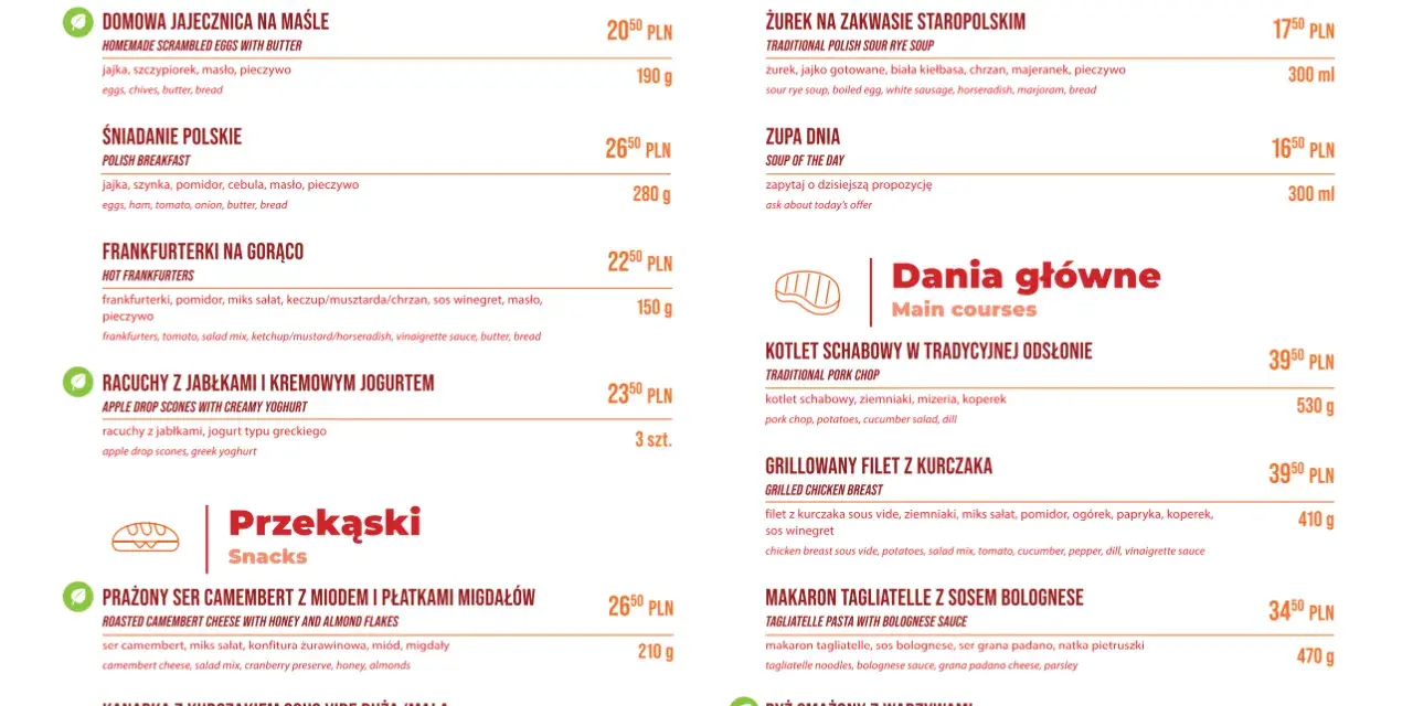 Menu z daniami głównymi, zupami i przekąskami. Wśród pozycji: żurek, kotlet schabowy, makaron tagliatelle, kanapka z kurczakiem.