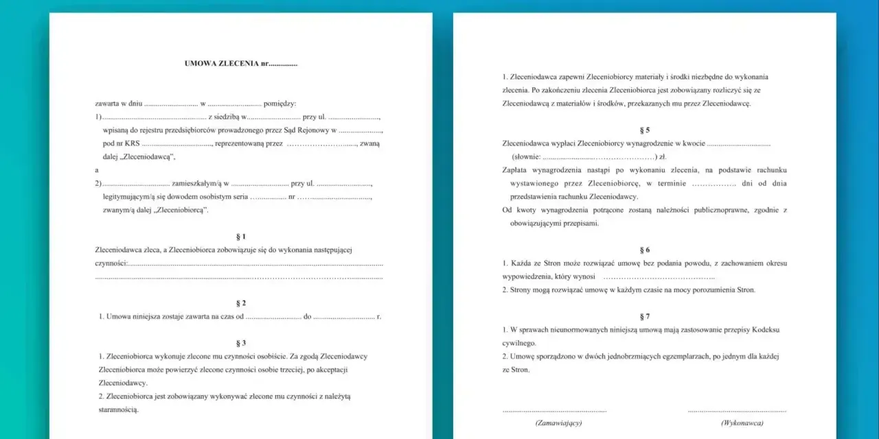 Wzór umowy zlecenia, porównanie z umową o pracę. Dokument zawiera klauzule dotyczące wynagrodzenia, czasu trwania i rozwiązania umowy.