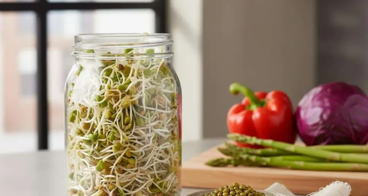 Un bocal rempli de pousses de haricots mungo, parfaites pour savoir quelles graines faire germer pour manger. Légumes frais en arrière-plan.