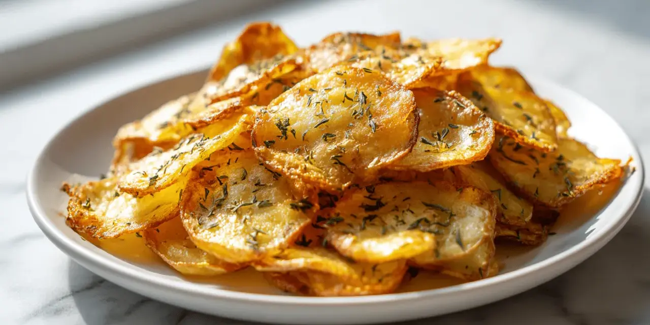 Knusprige Kartoffelspalten aus dem Airfryer, bestreut mit Kräutern, auf einem weißen Teller.