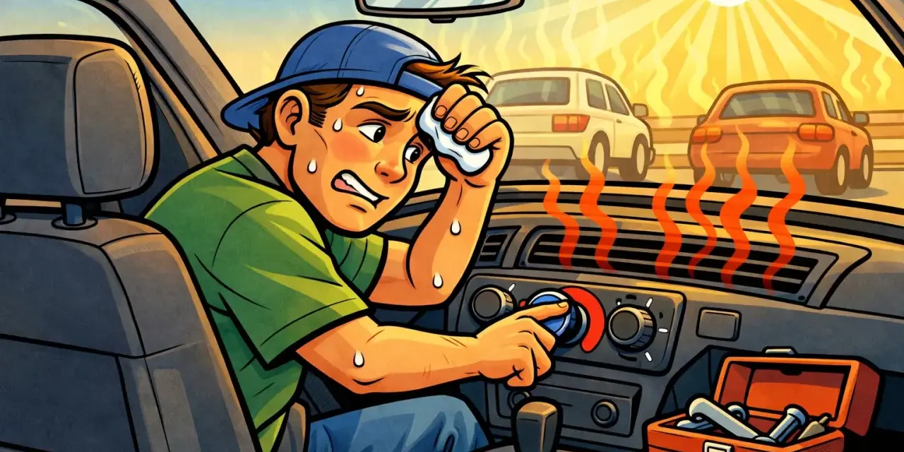 Sweaty man in a hot car, trying to fix the car AC not blowing cold air. Heat waves rise from the vents.