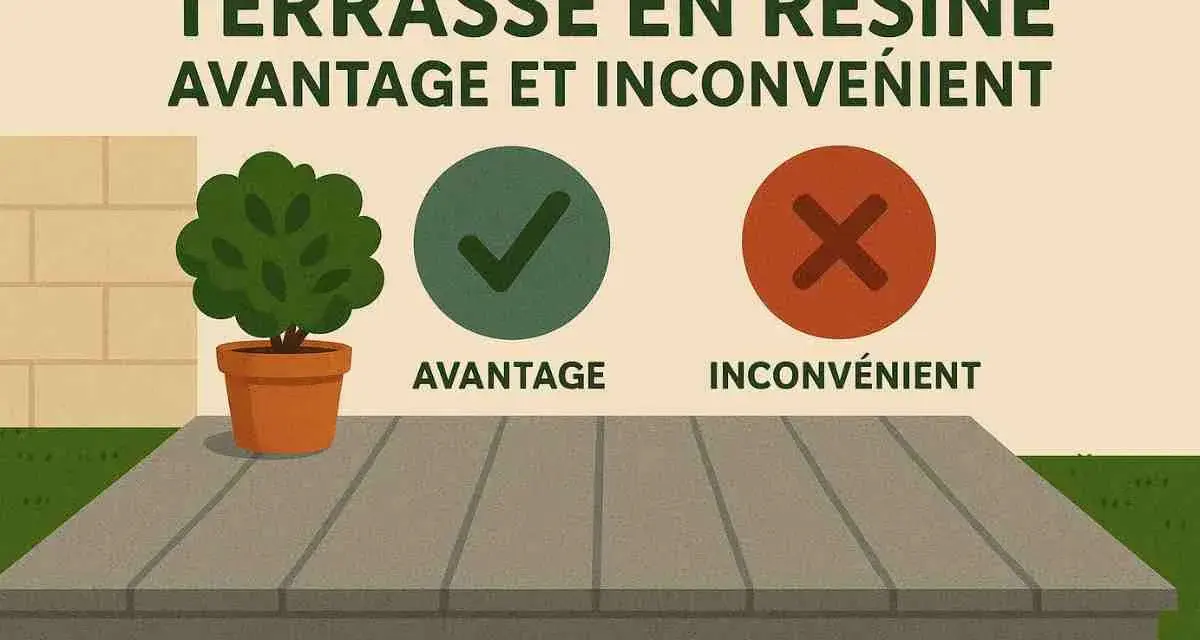 Illustration sur la terrasse en résine : avantage et inconvénient. Un arbre en pot, un symbole de coche verte et un symbole de croix rouge.