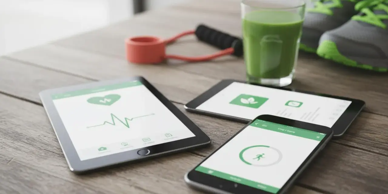 Na stole leżą tablet i smartfon z aplikacją do uzależnień, pokazującą puls i aktywność. Obok zielony koktajl, gumy do ćwiczeń i buty sportowe.