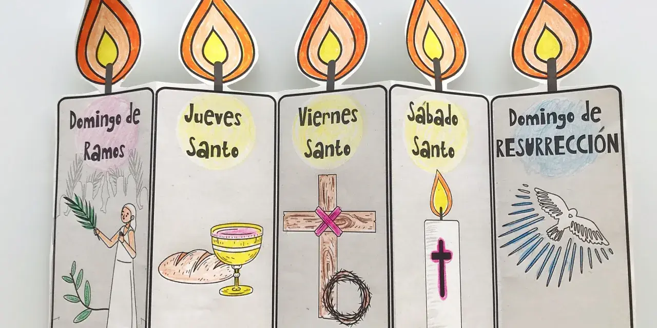 Manualidad Semana Santa niños: velas con dibujos de Domingo de Ramos, Jueves Santo, Viernes Santo, Sábado Santo y Domingo de Resurrección.