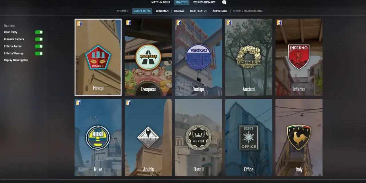 Pantalla de selección de mapas de CS:GO. Elige entre Mirage, Overpass, Vertigo, Ancient, Inferno, Nuke, Anubis, Dust II, Office o Italy para tus comandos.