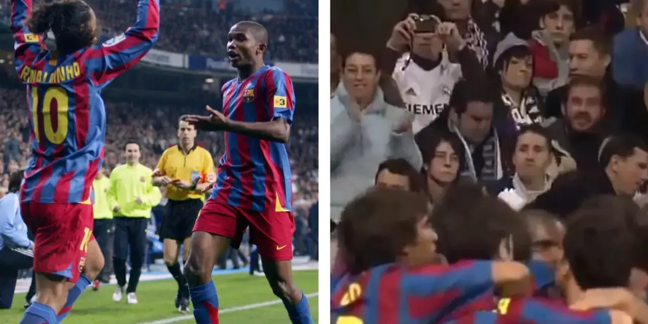Ronaldinho i Eto'o świętują bramkę w El Clásico 2005. Kibice Realu Madryt w tle.