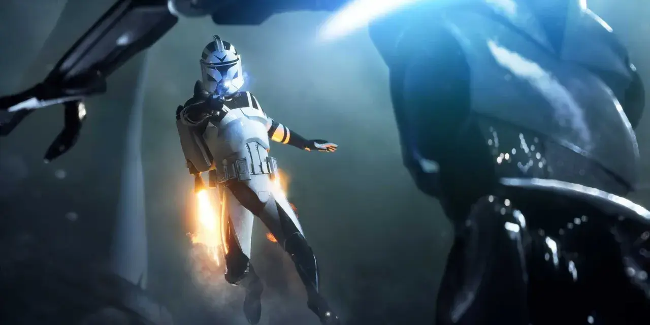 Żołnierz klonów w powietrzu, strzelający z blastera. Intensywna akcja w stylu Star Wars Battlefront 3.