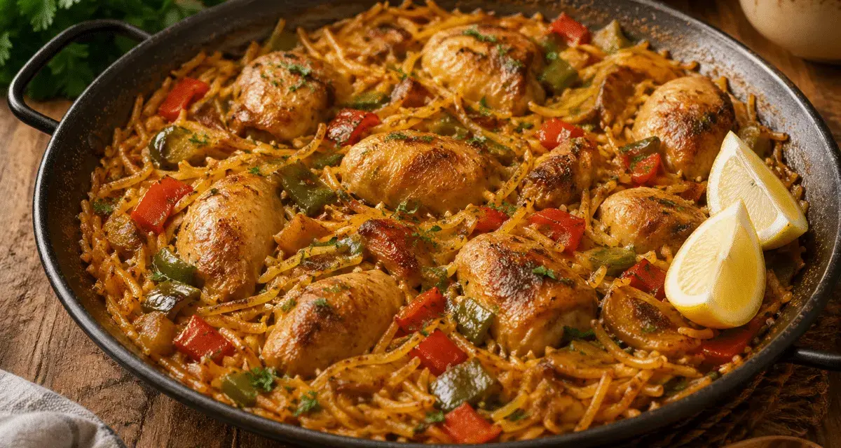 Fideuà de pollo en paellera, con trozos de pimiento rojo y verde, y gajos de limón.