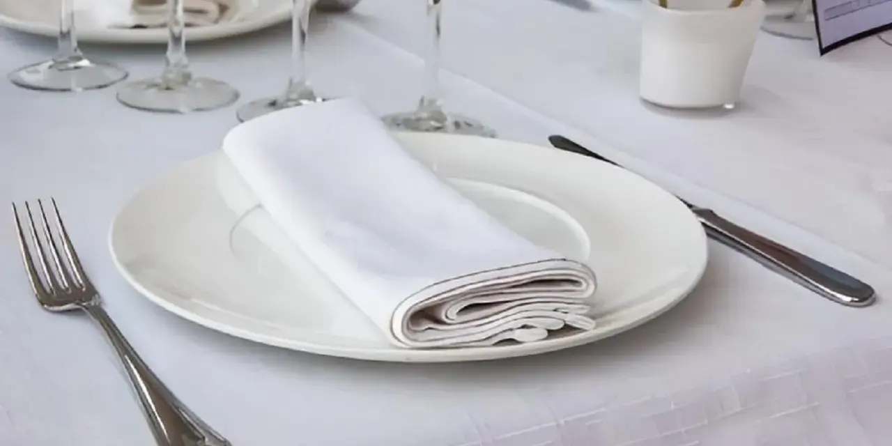 Une table dressée avec une assiette blanche, une serviette de table pliée, une fourchette et un couteau. La dimension serviette de table est parfaite pour cette présentation élégante.