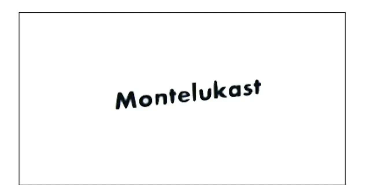 Napis "Montelukast" w kolorze czarnym, lekko pochylony, na białym tle.