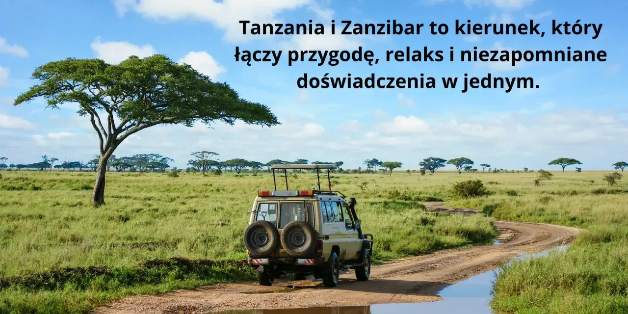 Safari w Tanzanii i na Zanzibarze: terenowe auto na drodze przez sawannę pod akacjami, zapowiedź przygody.