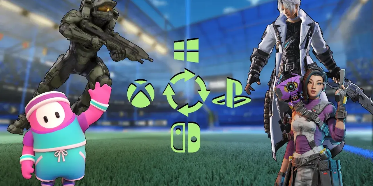 Master Chief, Fall Guy, and Apex Legends characters symbolizują gry cross play. Ikony Xbox, PlayStation, Switch i Windows.