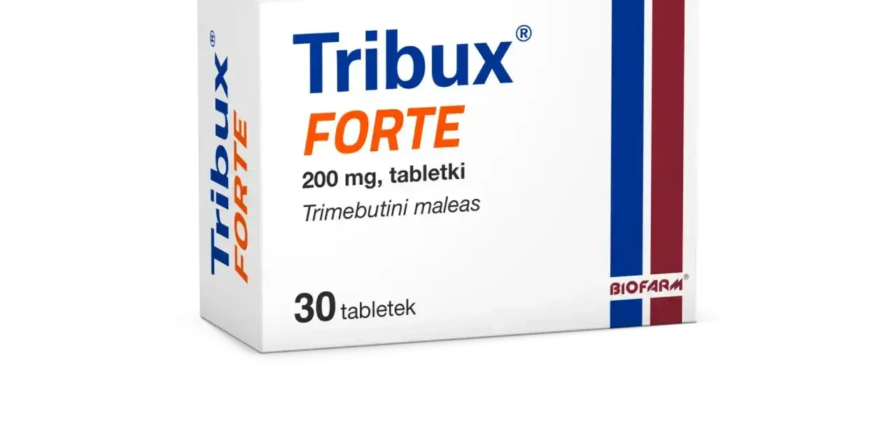 Opakowanie leku Tribux Forte 200 mg, zawierające 30 tabletek z trimebutyny maleinianem. Pomocne w problemach z ircolon.