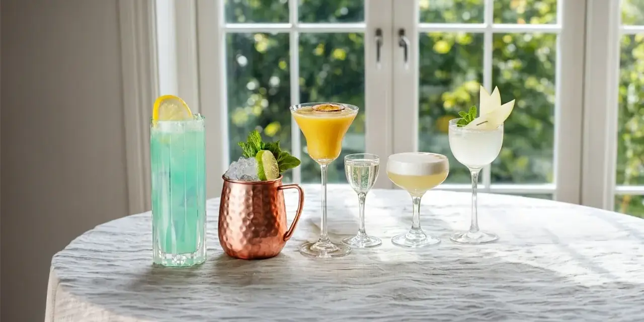 Fem olika vodka drinkar, från en blå long drink till en gyllene passionfruktscocktail och en vit äppeldryck, står uppradade på ett dukat bord.
