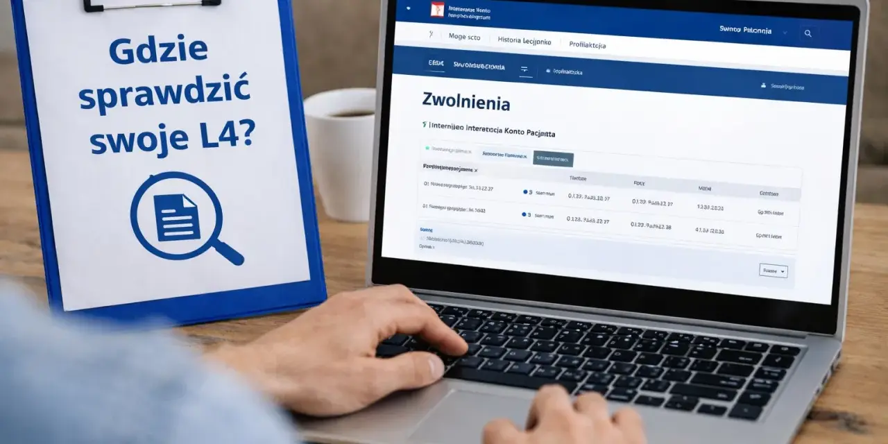 Clipboard z napisem "Gdzie sprawdzić swoje L4?" obok laptopa z widocznym panelem "Zwolnienia".