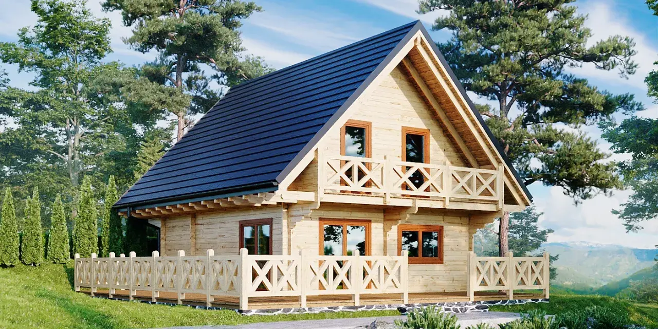 Piękny dom z bali w otoczeniu drzew. Zastanawiasz się, ile kosztuje postawienie domu z bali? Ten uroczy domek może być inspiracją.