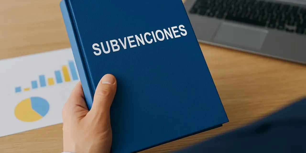 Mano sostiene un libro azul con "SUBVENCIONES" escrito. Detrás, gráficos y un portátil.